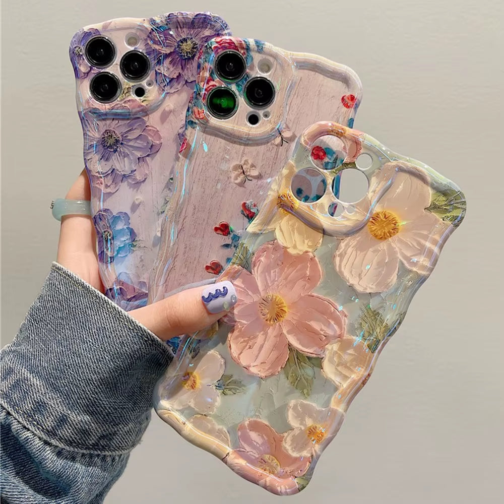 Stylish Phone Case for Iphone 11 12 13 14 15 16 Pro Max Retro Oil Painting Flower Glossy Cute Floral Wave Border Exquisite Cover