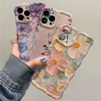 Stylish Phone Case for Iphone 11 12 13 14 15 16 Pro Max Retro Oil Painting Flower Glossy Cute Floral Wave Border Exquisite Cover