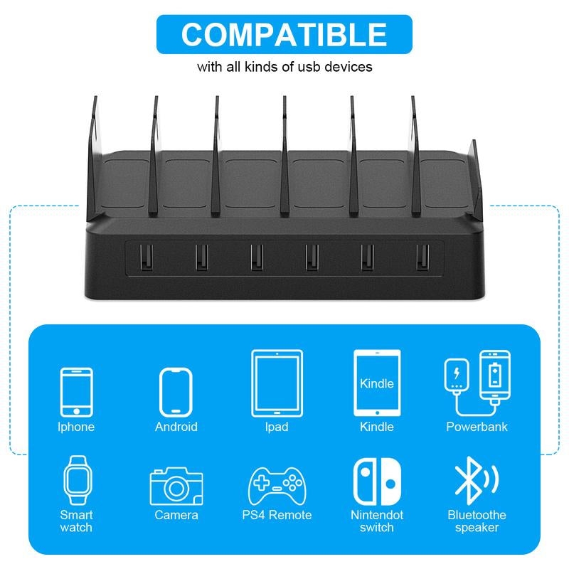 COZOME Charging Station for Multiple Devices 6 USB Ports Family Charger Compatible with Apple Iphone Ipad Android Phones Tablets User Friendly Design