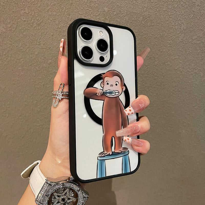 Magnetic Compatible Case for Iphone 17 16 Pro Max 15 plus 14 13 12 11 Curious George Brushing Aesthetic Print Shockproof TPU Lightweight Scratch Resistant Trendy Protection
