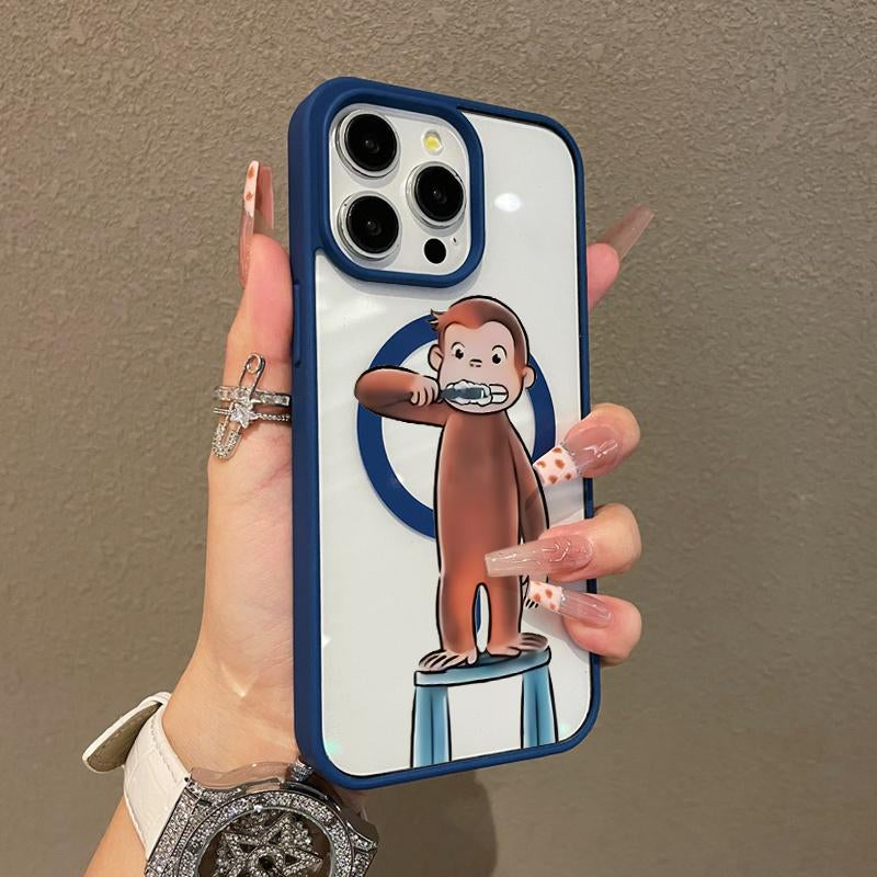 Magnetic Compatible Case for Iphone 17 16 Pro Max 15 plus 14 13 12 11 Curious George Brushing Aesthetic Print Shockproof TPU Lightweight Scratch Resistant Trendy Protection