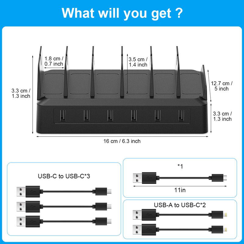 COZOME Charging Station for Multiple Devices 6 USB Ports Family Charger Compatible with Apple Iphone Ipad Android Phones Tablets User Friendly Design