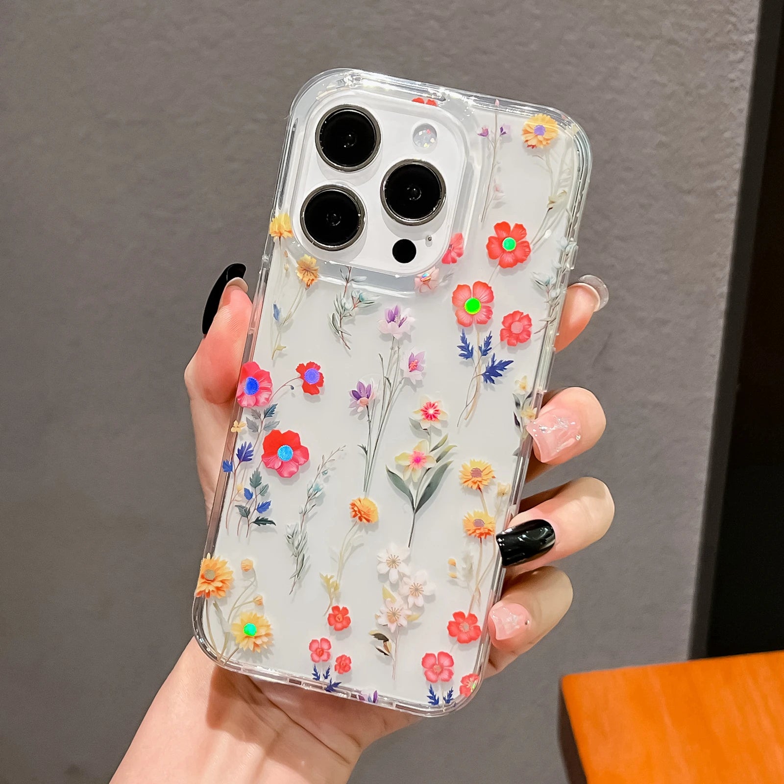Luxury Laser Flower Painting Phone Case for Iphone 16 14 13 17 Air 15 Pro Max plus Shock Absorbing Bumper Crystal Clear Cover