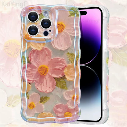 Stylish Phone Case for Iphone 11 12 13 14 15 16 Pro Max Retro Oil Painting Flower Glossy Cute Floral Wave Border Exquisite Cover