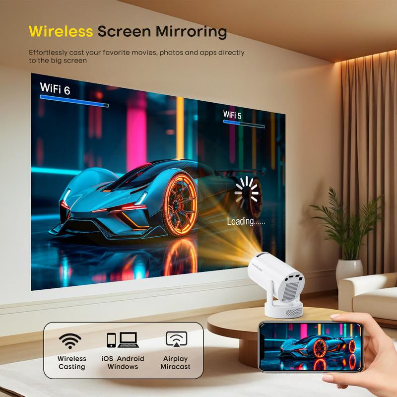 Smart Projector Hy300Pro+ with 8K/4K/1080P Decode 290ANSI Lumens Auto Keystone Correction Built-In 5W Speaker Dual Wifi6 Wireless BT5.4 Android 14 Native 1280*720P for Home Cinema Portable Movie Theater