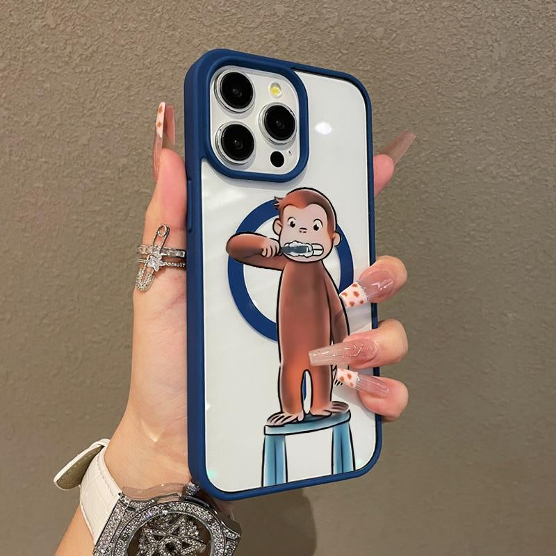 Magnetic Compatible Case for Iphone 17 16 Pro Max 15 plus 14 13 12 11 Curious George Brushing Aesthetic Print Shockproof TPU Lightweight Scratch Resistant Trendy Protection