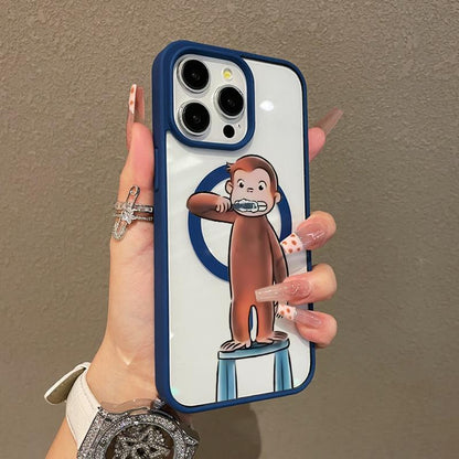 Magnetic Compatible Case for Iphone 17 16 Pro Max 15 plus 14 13 12 11 Curious George Brushing Aesthetic Print Shockproof TPU Lightweight Scratch Resistant Trendy Protection
