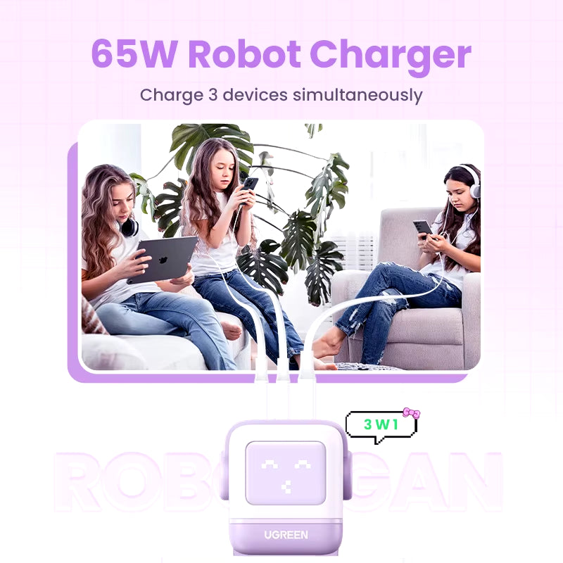 65W Gan Charger Uno Robot Design Quick Charge 4.0 3.0 PPS for Iphone 17 16 Pro Macbook Air Laptop Tablet PD Fast Charger