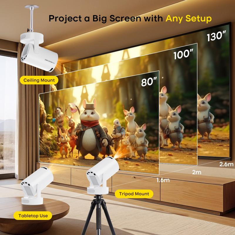 Smart Projector Hy300Pro+ with 8K/4K/1080P Decode 290ANSI Lumens Auto Keystone Correction Built-In 5W Speaker Dual Wifi6 Wireless BT5.4 Android 14 Native 1280*720P for Home Cinema Portable Movie Theater