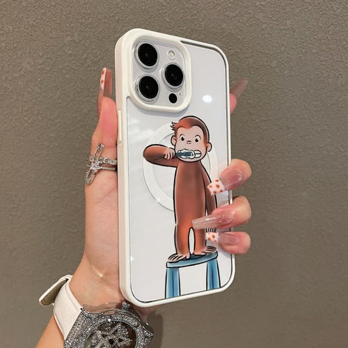 Magnetic Compatible Case for Iphone 17 16 Pro Max 15 plus 14 13 12 11 Curious George Brushing Aesthetic Print Shockproof TPU Lightweight Scratch Resistant Trendy Protection
