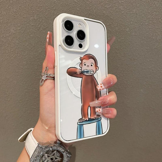 Magnetic Compatible Case for Iphone 17 16 Pro Max 15 plus 14 13 12 11 Curious George Brushing Aesthetic Print Shockproof TPU Lightweight Scratch Resistant Trendy Protection