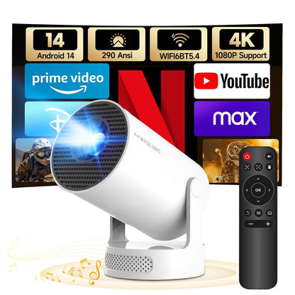 Smart Projector Hy300Pro+ with 8K/4K/1080P Decode 290ANSI Lumens Auto Keystone Correction Built-In 5W Speaker Dual Wifi6 Wireless BT5.4 Android 14 Native 1280*720P for Home Cinema Portable Movie Theater