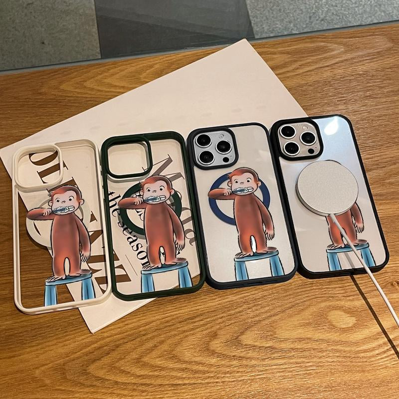 Magnetic Compatible Case for Iphone 17 16 Pro Max 15 plus 14 13 12 11 Curious George Brushing Aesthetic Print Shockproof TPU Lightweight Scratch Resistant Trendy Protection