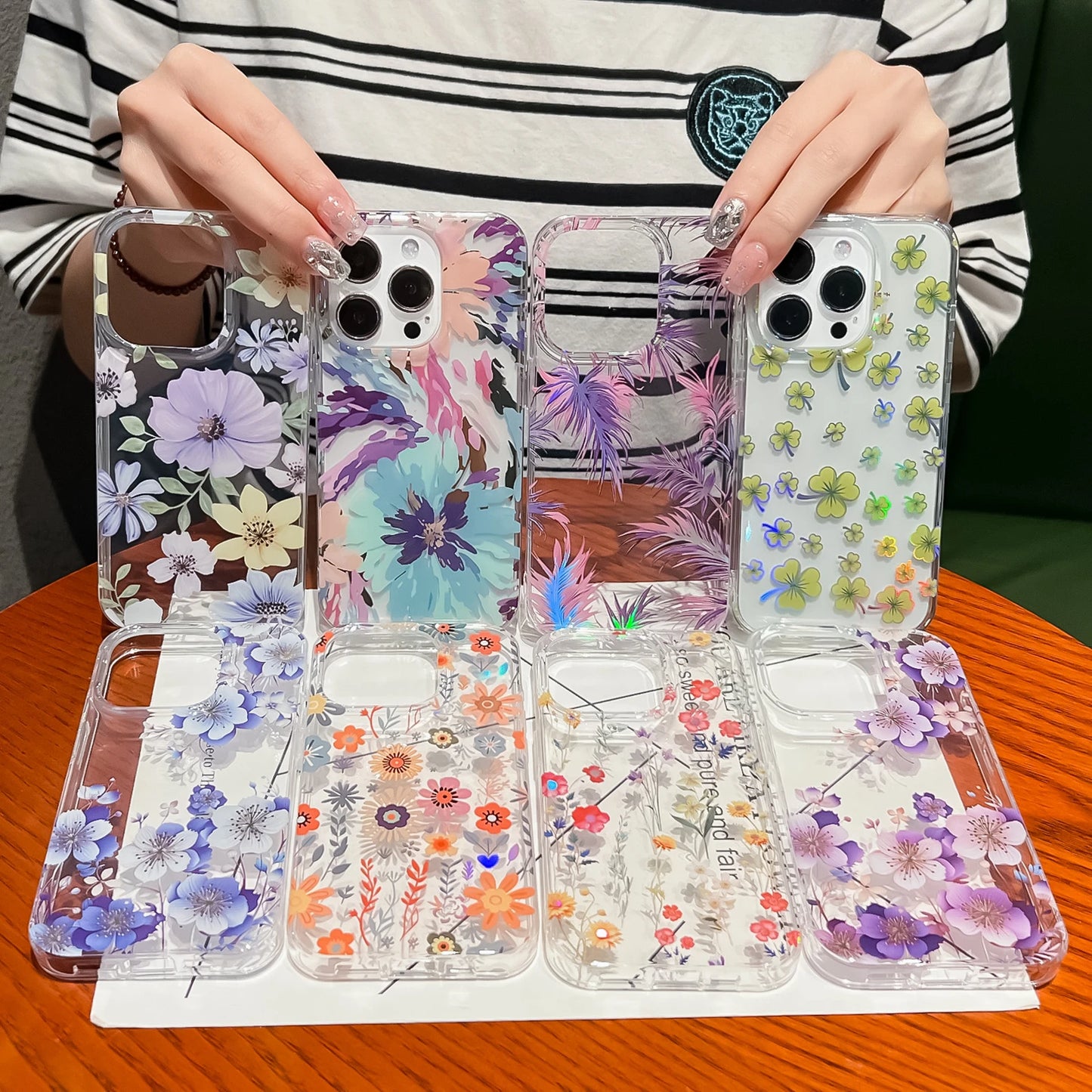 Luxury Laser Flower Painting Phone Case for Iphone 16 14 13 17 Air 15 Pro Max plus Shock Absorbing Bumper Crystal Clear Cover