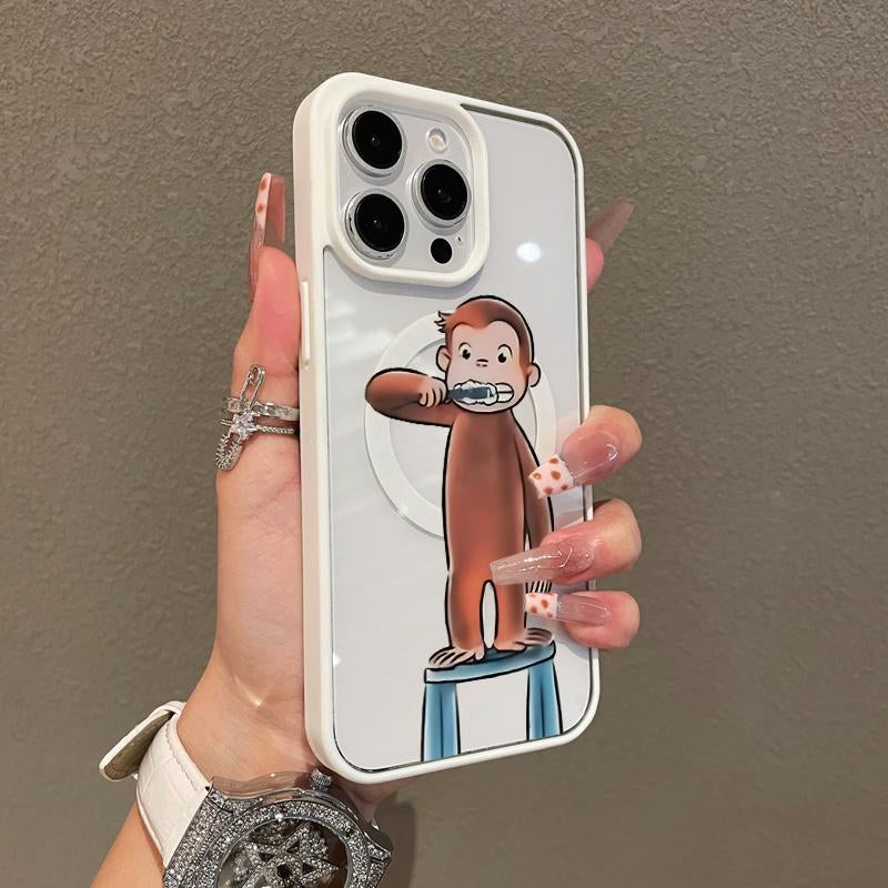 Magnetic Compatible Case for Iphone 17 16 Pro Max 15 plus 14 13 12 11 Curious George Brushing Aesthetic Print Shockproof TPU Lightweight Scratch Resistant Trendy Protection