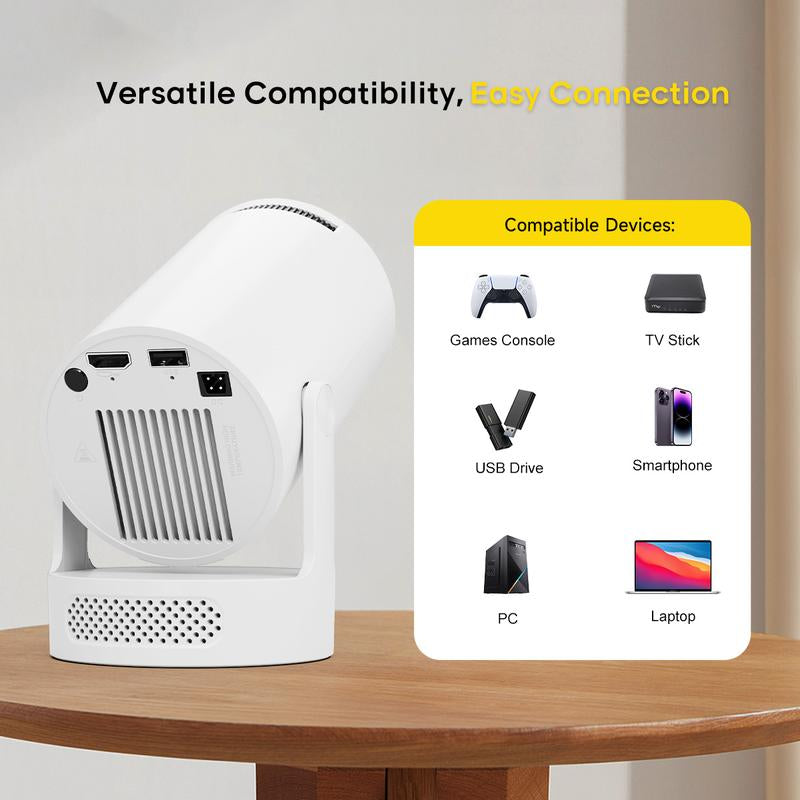 Smart Projector Hy300Pro+ with 8K/4K/1080P Decode 290ANSI Lumens Auto Keystone Correction Built-In 5W Speaker Dual Wifi6 Wireless BT5.4 Android 14 Native 1280*720P for Home Cinema Portable Movie Theater